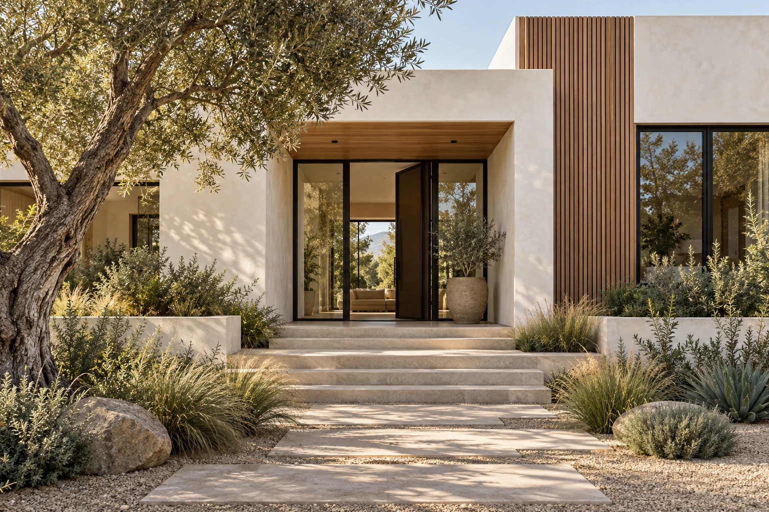 White stucco and timber exterior design concept