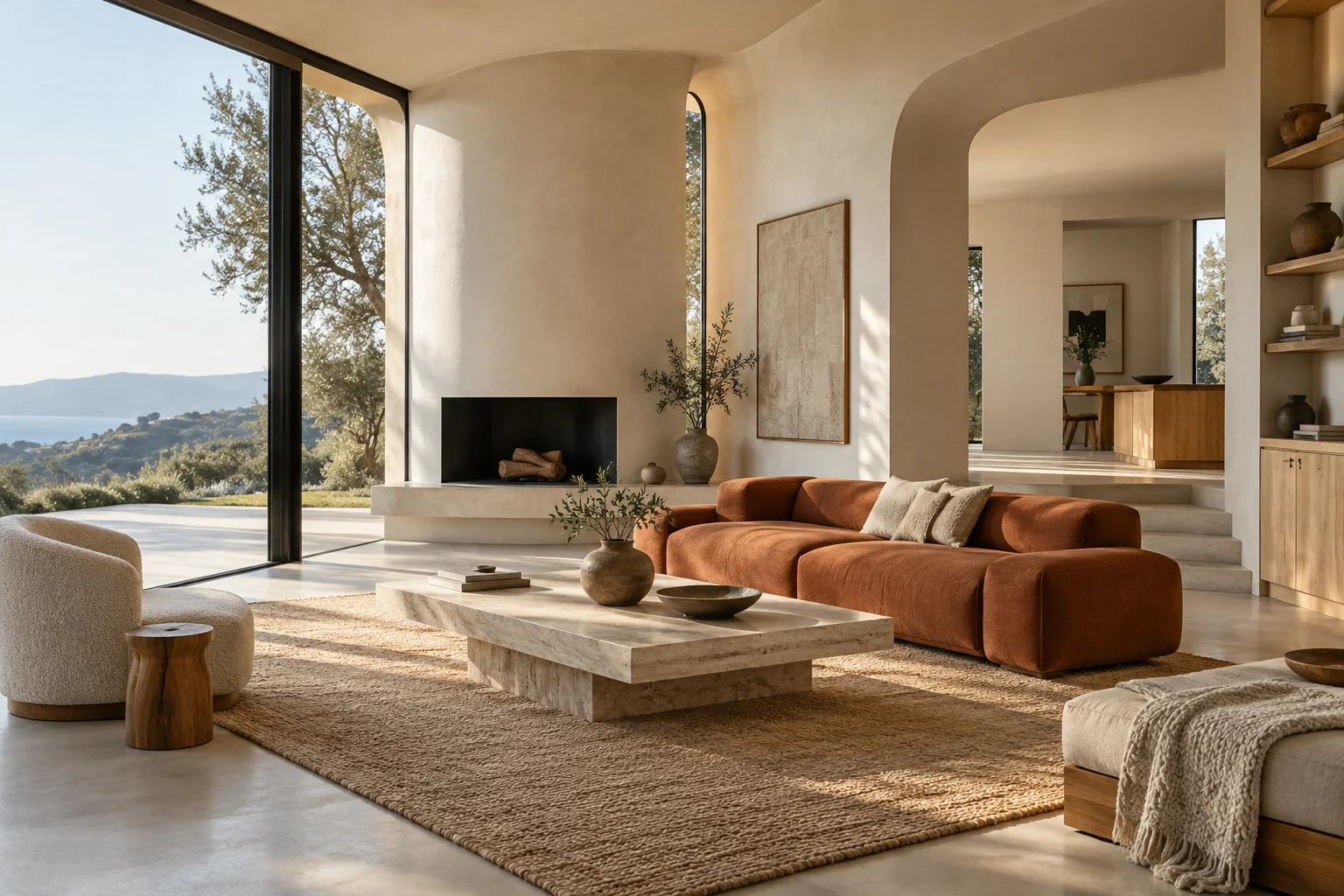 Illustrative living room with terracotta seating and warm natural materials