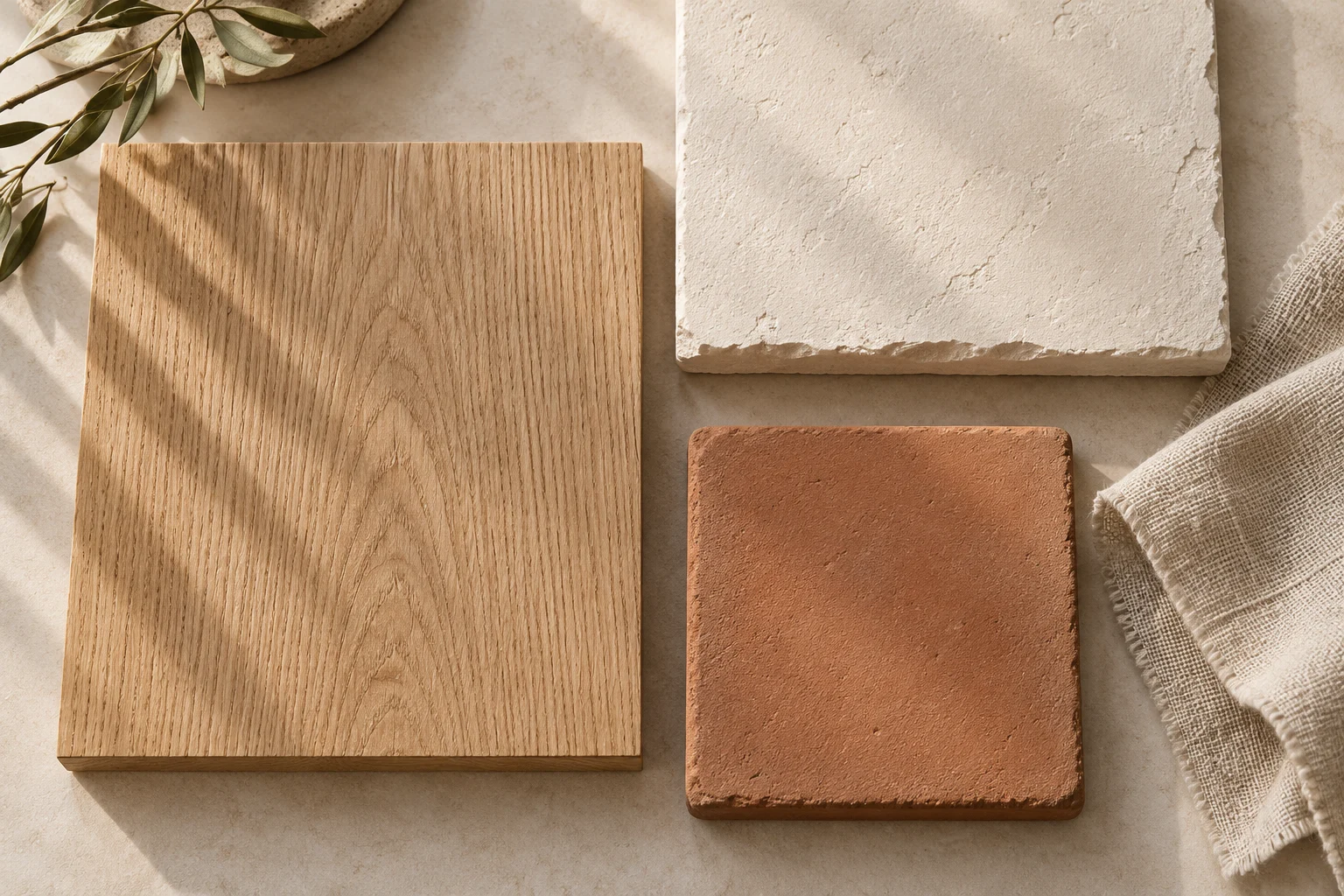 Illustrative natural oak, warm plaster, clay, and linen material composition