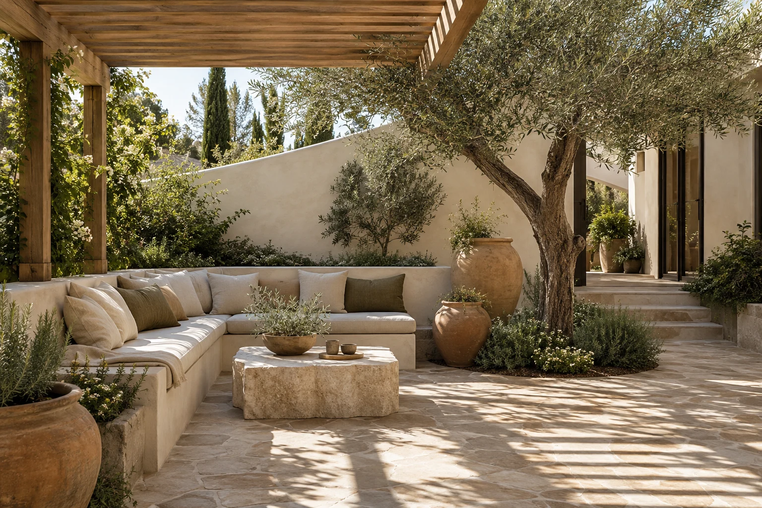 Courtyard design concept with natural stone seating, terracotta pots, and an oak pergola