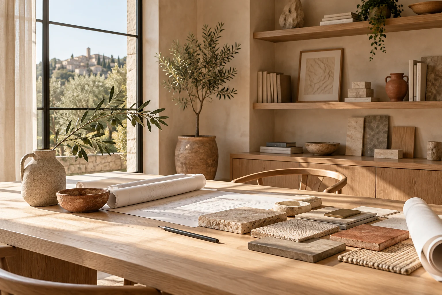 Illustrative design workspace with material samples, drawings, and natural light